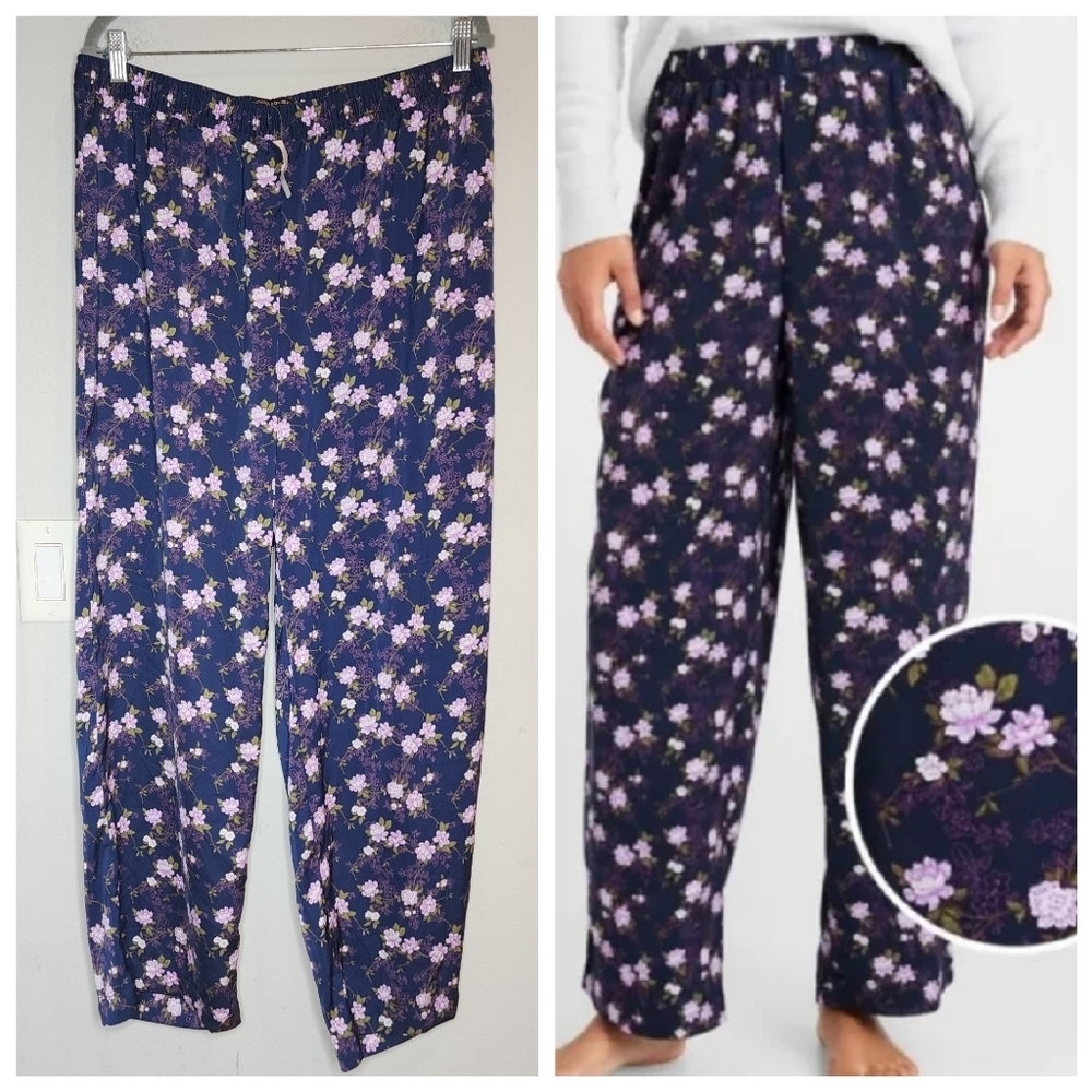 NWT Banana Republic Satin‎ Blue Floral Pullon Pajama Pants Lounge PJ Size large